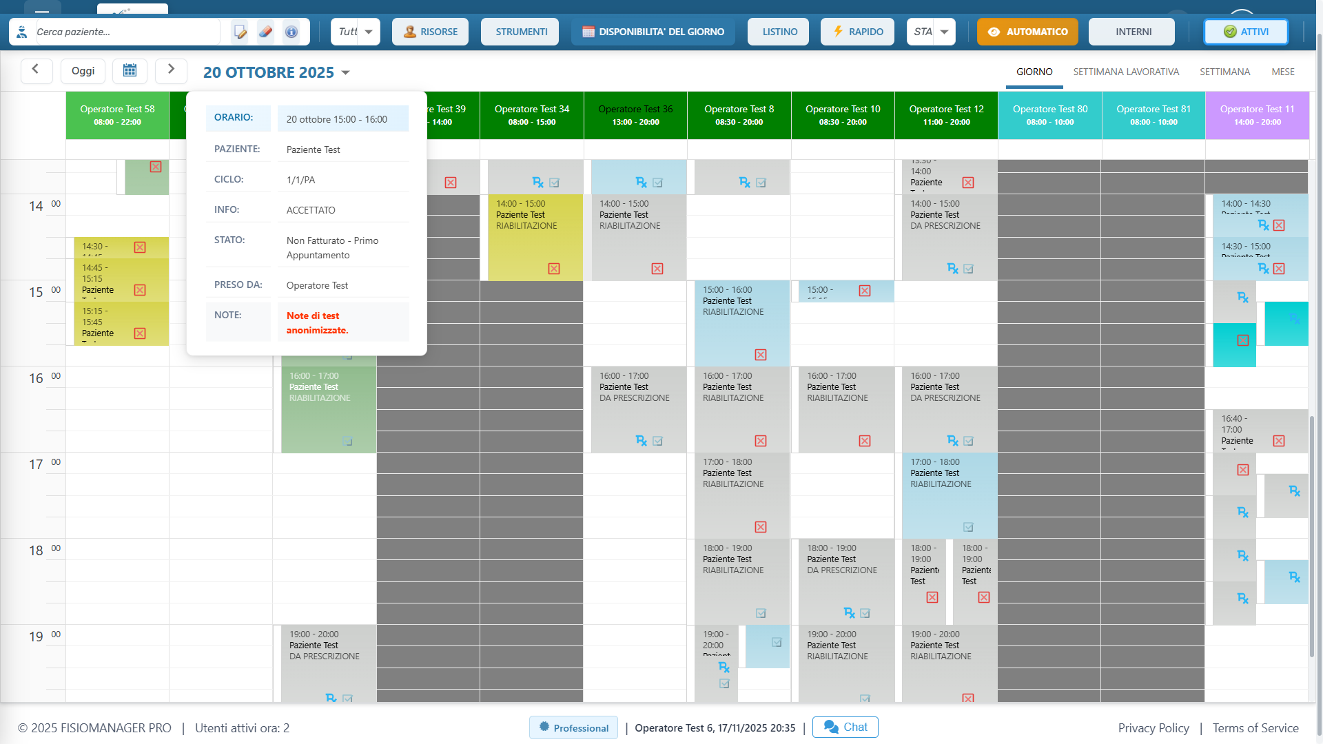 Agenda multi-terapista con vista giornaliera