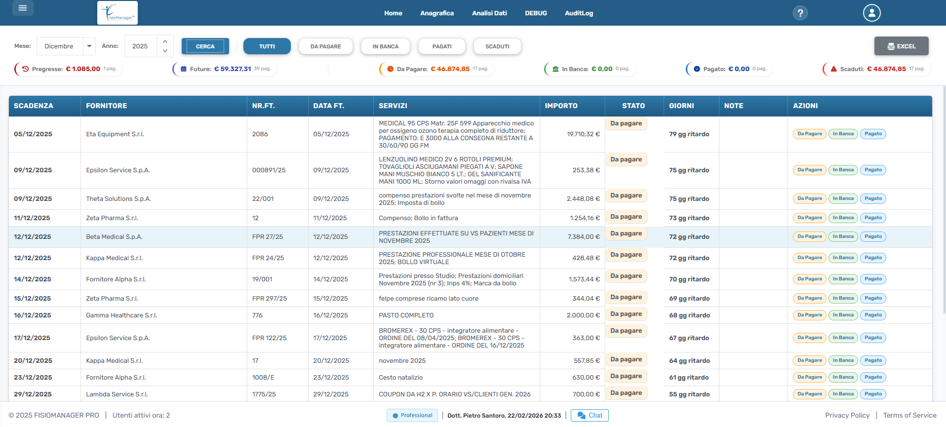 Lista fatture passive con scadenze e stati pagamento