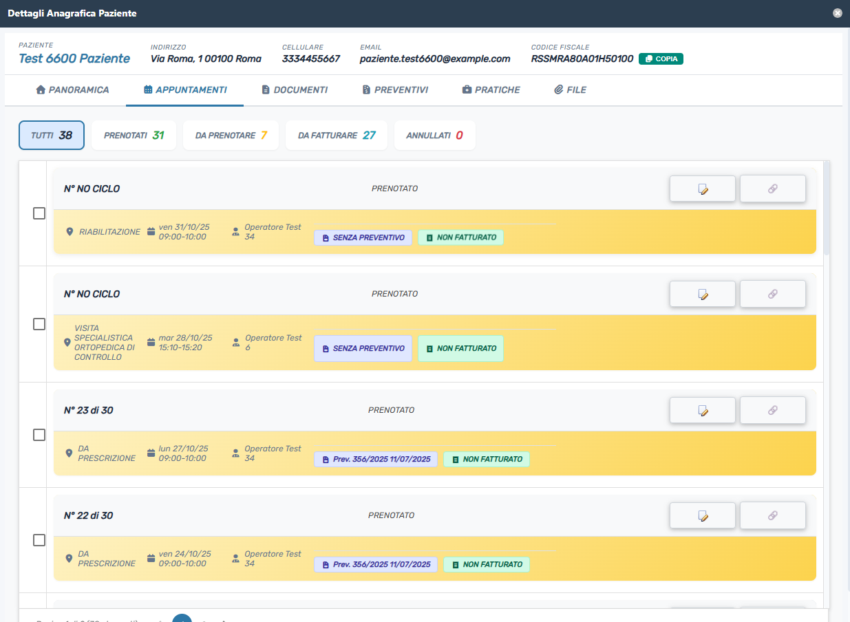 Lista appuntamenti con stati fatturazione e preventivi
