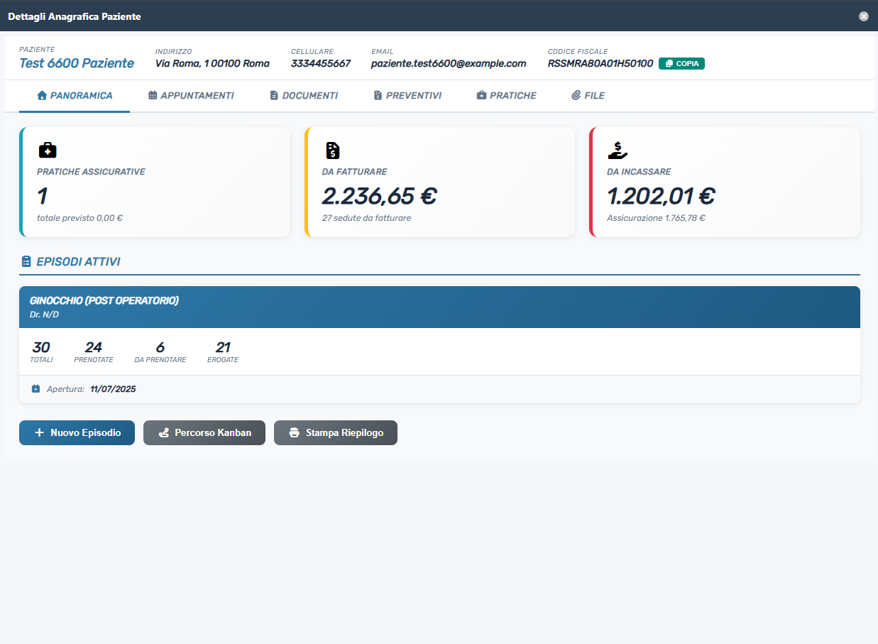 Panoramica paziente con pratiche assicurative e importi