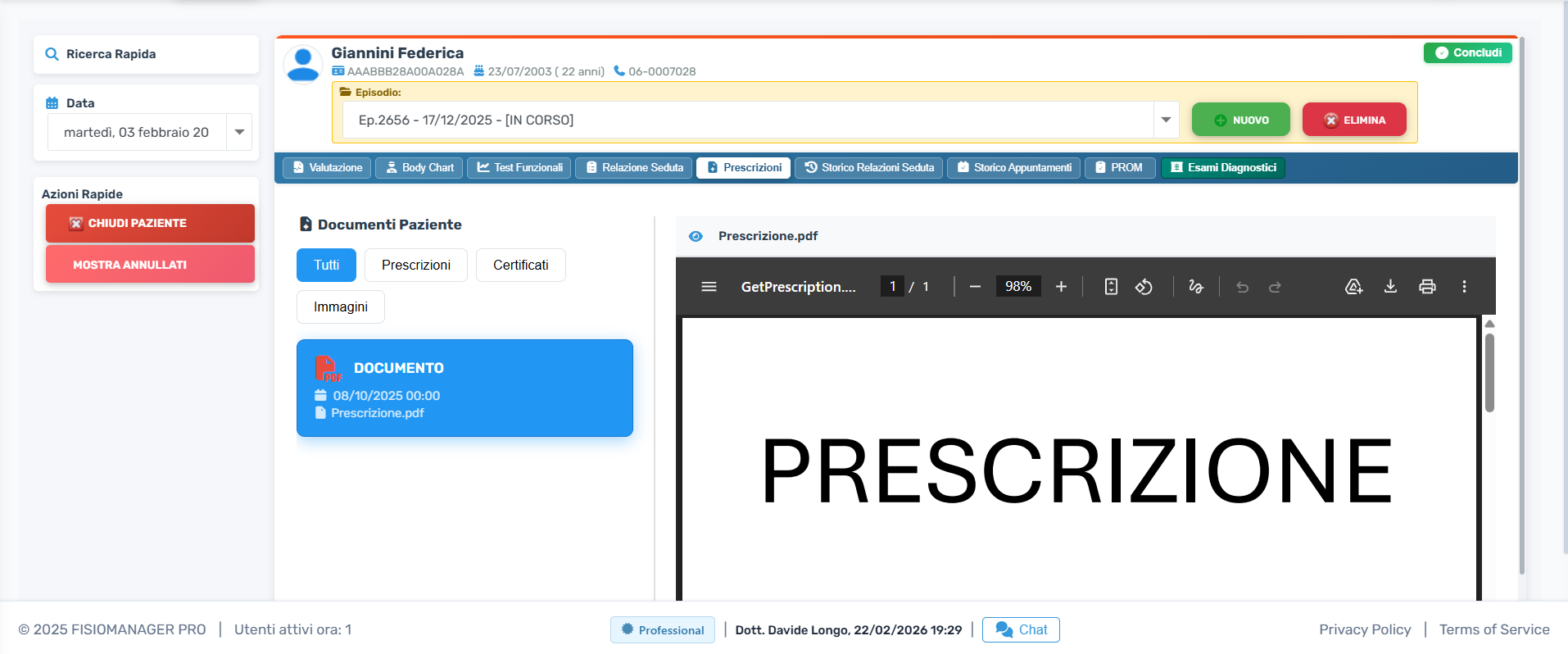 Gestione prescrizioni e documenti paziente con viewer PDF